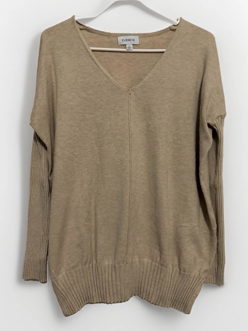 Evereve Everly V Neck Pullover Sweater Beige Size Small Ribbed Sleeve Relaxed